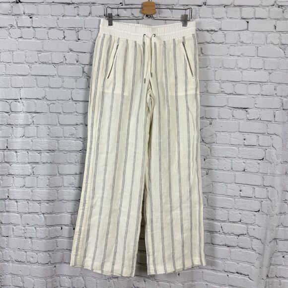 Athleta Cabo Wide Leg Linen Pants Womens Size 8 Off White and Gray Stripes - Picture 1 of 10